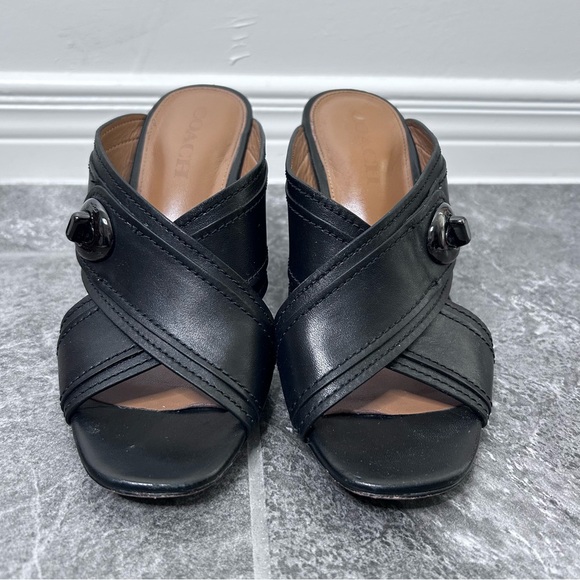 Coach Meggie Black Leather Open-Toe Block Heel Mules Size 7.5B - Picture 3 of 16